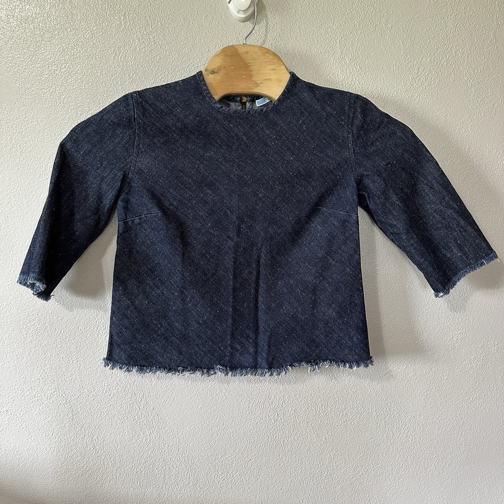 Draper James Size 10 Top Blue Chambray Denim Shirt Short Sleeve Zip Back Raw Hem